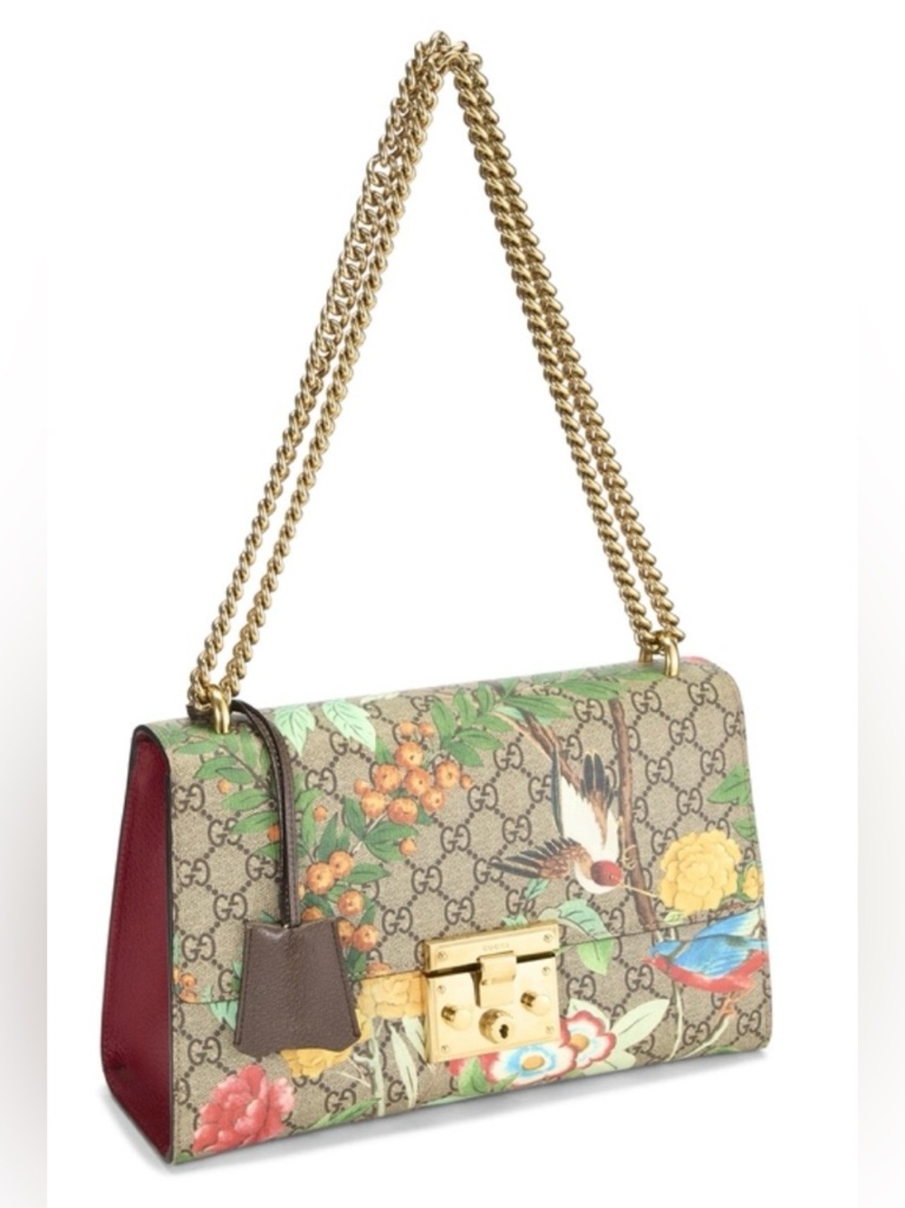 Gucci Floral GG Supreme Chain Shoulder Bag in Brown, Red, Green, Gold